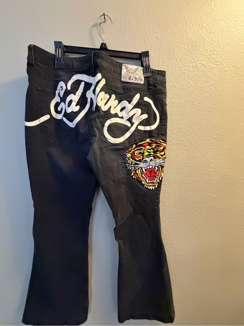 Ed Hardy Black Wide-Leg Jeans with Embroidered Tiger and White Script